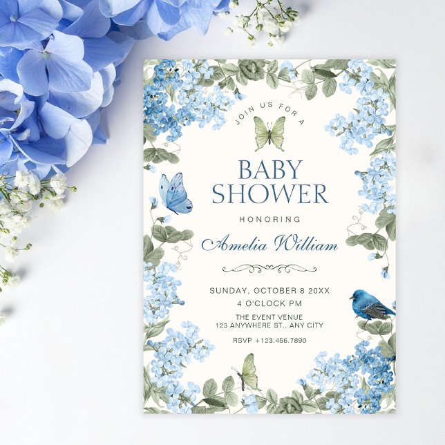 Blå blomstergren fjärilar fågel baby shower inbjudningar (Skapare uppladdad)