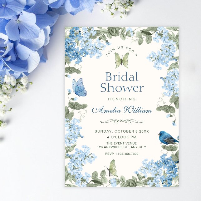 Blå blomstergren fjärilar fågel bröllopsdusch inbjudningar (Skapare uppladdad)