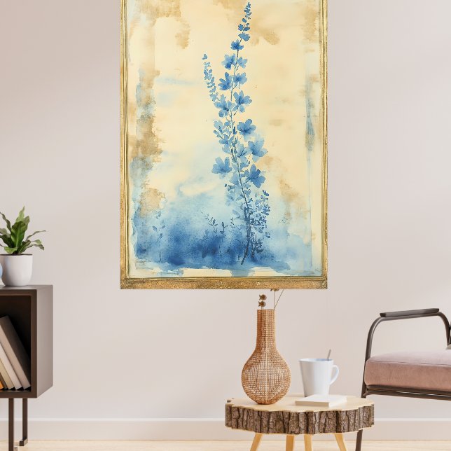 Blå blomsterkomposition. Typ: Inramad dekorativ  Poster (Vardagsrum 3)