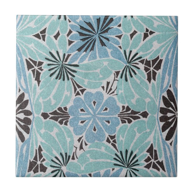 blå blomsterkonst nouveau-design kakelplatta (Framsidan)