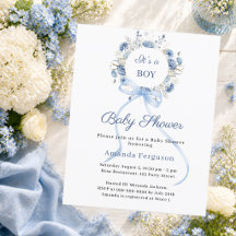 Blå blomsterkransbåge pojke Baby Shower-inbjudan