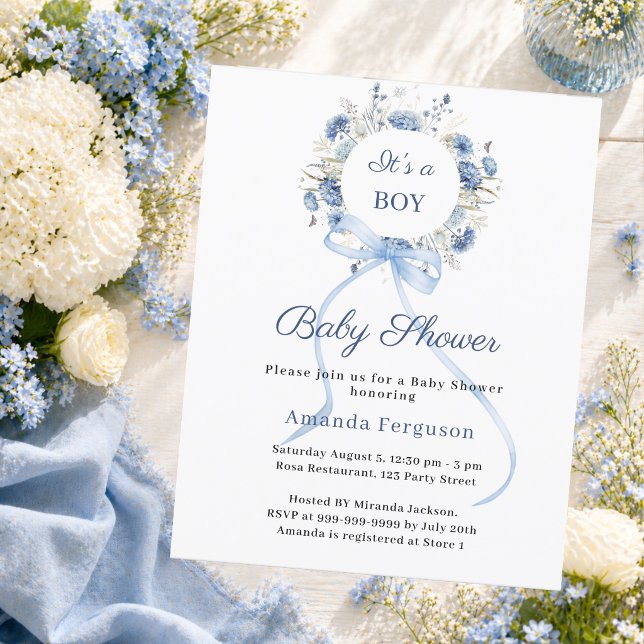Blå blomsterkransbåge pojke Baby Shower-inbjudan (Skapare uppladdad)