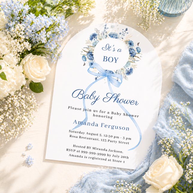 Blå blomsterkransbåge pojke välvd Baby Shower Inbjudningar (Skapare uppladdad)