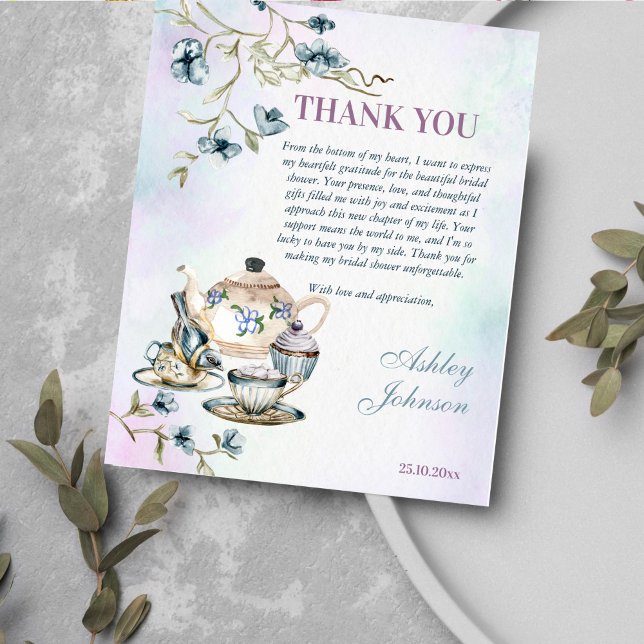 Blå blomsterlig tefest bröllopsdusch tackkort (Bridal shower tea party thank you card pastel blues tea pot cups a bird and flowers)