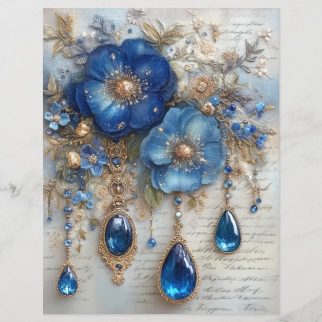 Blå Blomsterm Gems Junk Journal Scrapbook Papper (Framsida)