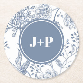 Blå blomstermonogram bröllopslöja underlägg papper rund
