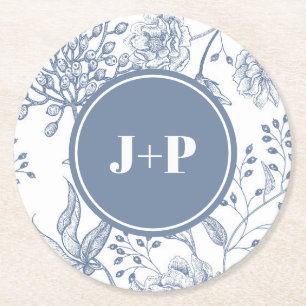 Blå blomstermonogram bröllopslöja underlägg papper rund