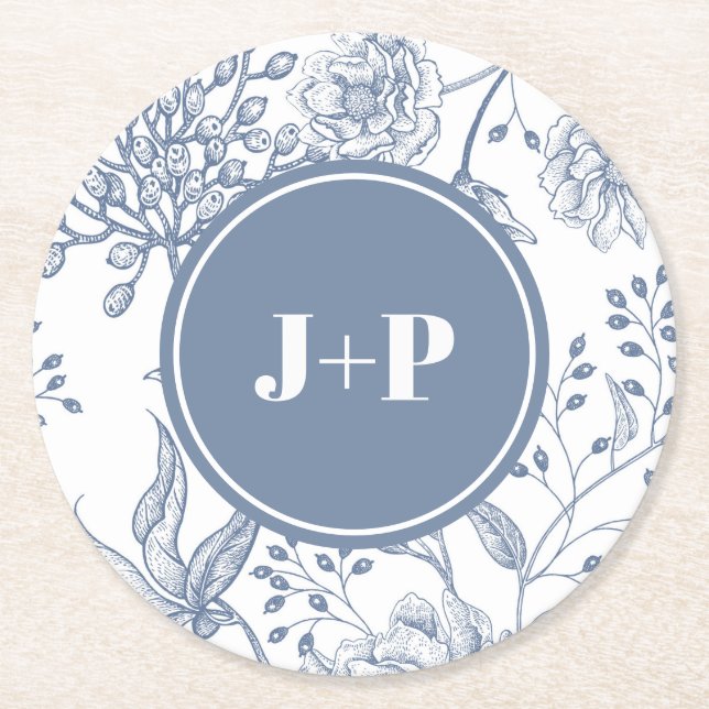 Blå blomstermonogram bröllopslöja underlägg papper rund (Framsidan)