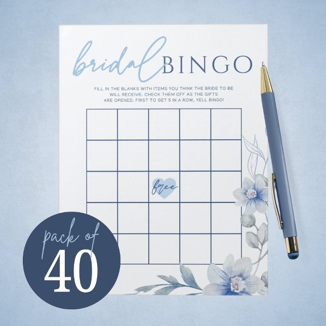 Blå blomsterpaket för Bingo Möhippa-spel Anteckningsblock (Beautiful Blue Watercolor Floral Gift Bingo Bridal Shower Game Pack of 40 Games)