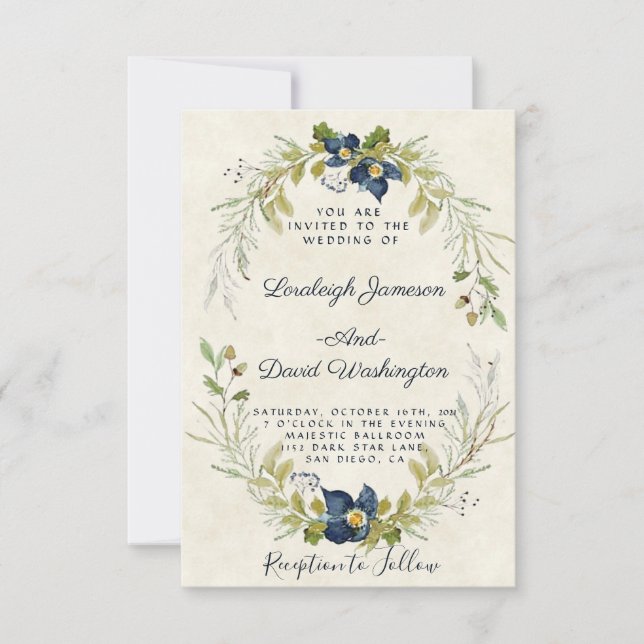 Blå blomsterram bröllopsinbjudan inbjudningar (Framsida)