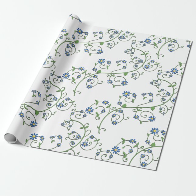 Blå blomsterranka inpackningspapper presentpapper (Utrullad)