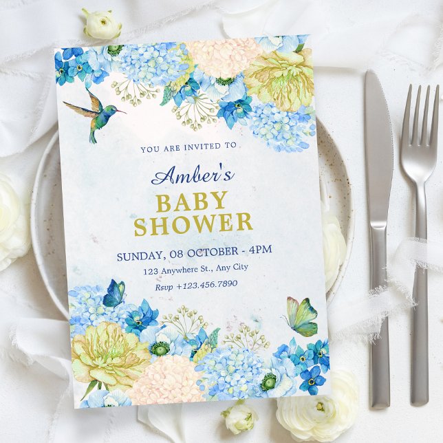 Blå blomsterträdgård baby shower inbjudningar (Skapare uppladdad)