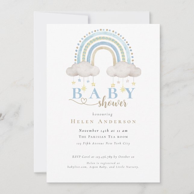 Blå Boho Akvarell Regnbåge Pojke Baby Shower Inbjudningar (Framsida)