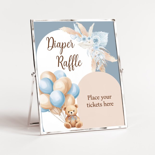 Blå boho Bear Balloon Baby Shower Raffle Poster (Boy Bear Arch Balloon Baby Shower Diaper Raffle Sign)