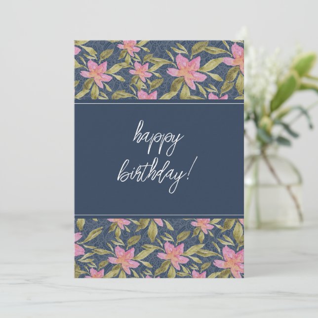Blå Boho Blommig Akvarell Glad Födelsedag Julkort (Stående Fram)