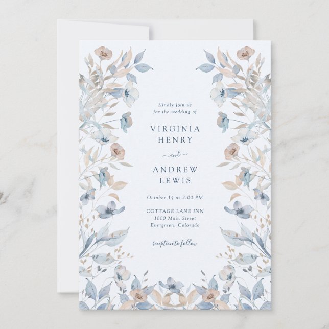 Blå Boho Blommig Bröllop Inbjudningar (Framsida)