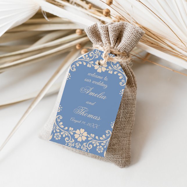 Blå Boho Blommig Bröllop Presentetikett (Skapare uppladdad)