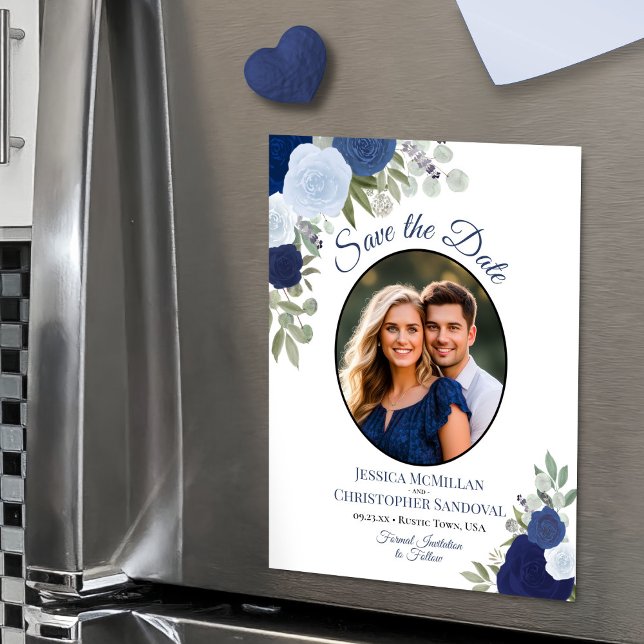 Blå Boho Blommig & Foto Bröllop Spara Datum Magnetisk Inbjudningskort (Magnetic Card for Easy Display!)