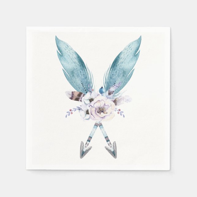Blå Boho Bohemer Pil Fjäder Blommig Fest Pappersservett (Framsidan)