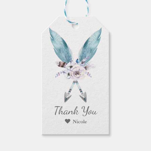 Blå Boho Bohemian Arrows Feather Blommigt Party Presentetikett (Framsidan)