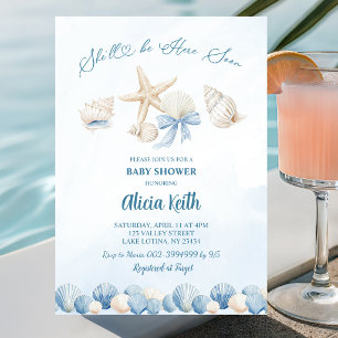 Blå Boho Coastal Hon kommer snart baby shower Inbjudningar