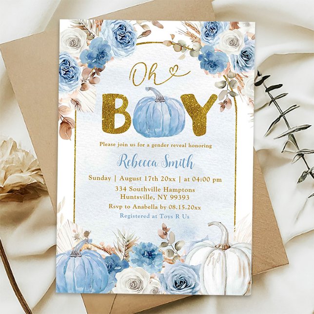 Blå Boho Guld Pumpa Höst Oh Pojke Baby Shower Inbjudningar (Skapare uppladdad)