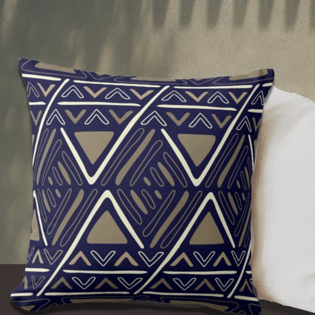 Blå Boho Mudcloth Inspired Decorative Kudde (Skapare uppladdad)