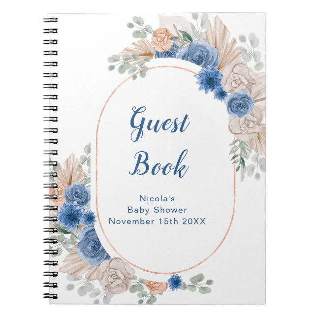 Blå Boho Pampas Gräs Bebis Shower Gästbok Anteckningsbok (Framsidan)