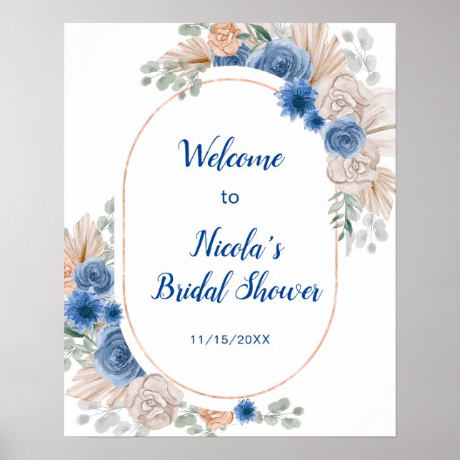 Blå Boho Pampas Gräs Bröllopsdusch Poster (Framsidan)
