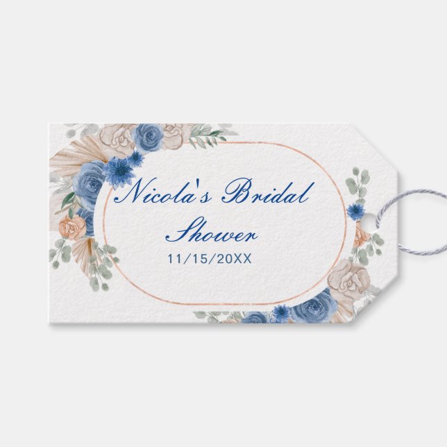Blå Boho Pampas Gräs Bröllopsdusch Presentetikett (Framsidan (Horisontell))