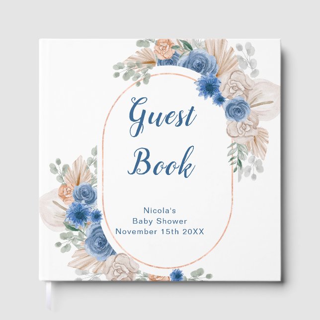 Blå Boho Pampasgräs Bebis Shower Gästböcker (Framsida)