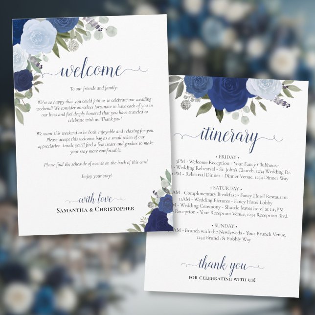 Blå Boho Rosor Bröllop Välkommen & Program (Front/Back)