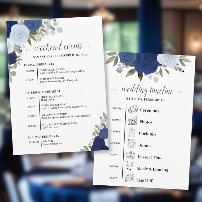Blå Boho Rosor Bröllopshändelser & Tidslinje Program (Front/Back)