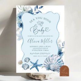 Blå Boho Sommar Skal Baby Shower Inbjudan