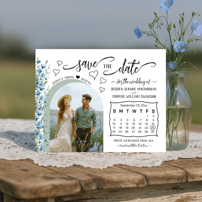 Blå Boho Vilda Blommor Foto & Kalender Bröllop Spara Datumet (Skapare uppladdad)