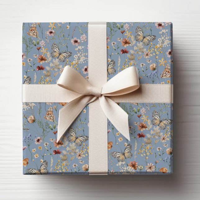 Blå Boho Vildblomma Presentpapper (Blue Boho Wildflower Wrapping Paper with Butterflies by Painted Paperie
)