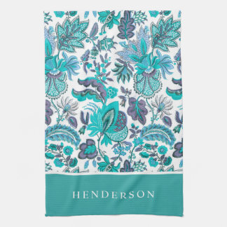 Blå Boho Vintage Blommig Monogram Kökshandduk