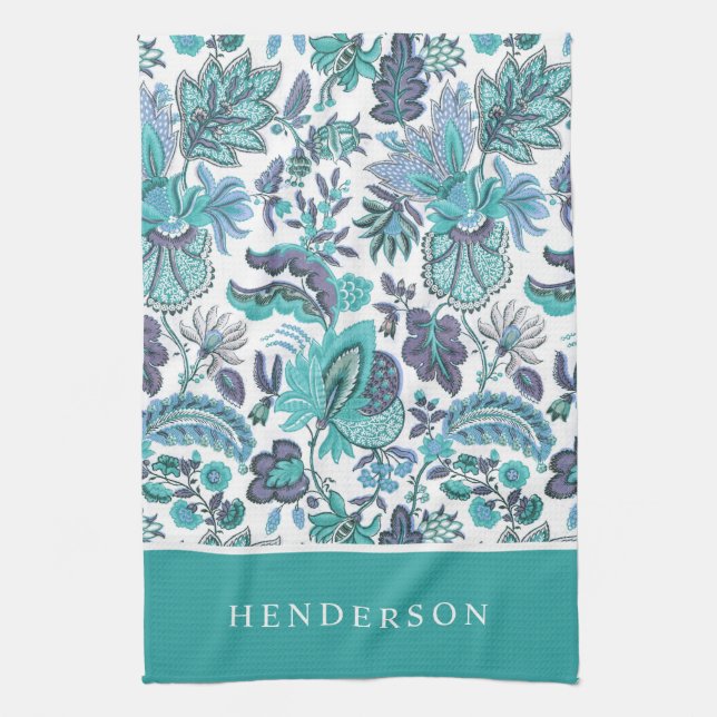 Blå Boho Vintage Blommig Monogram Kökshandduk (Vertikal)