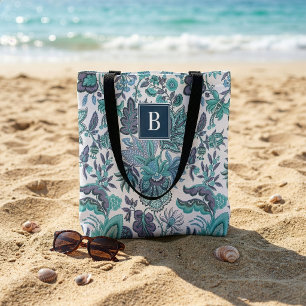 Blå Boho Vintage Blommönstrad Monogram Tygkasse