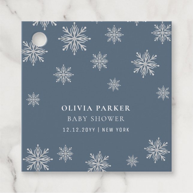 Blå Boho Winter Snowflake Baby Shower Gåvor Etiketter (Framsida)
