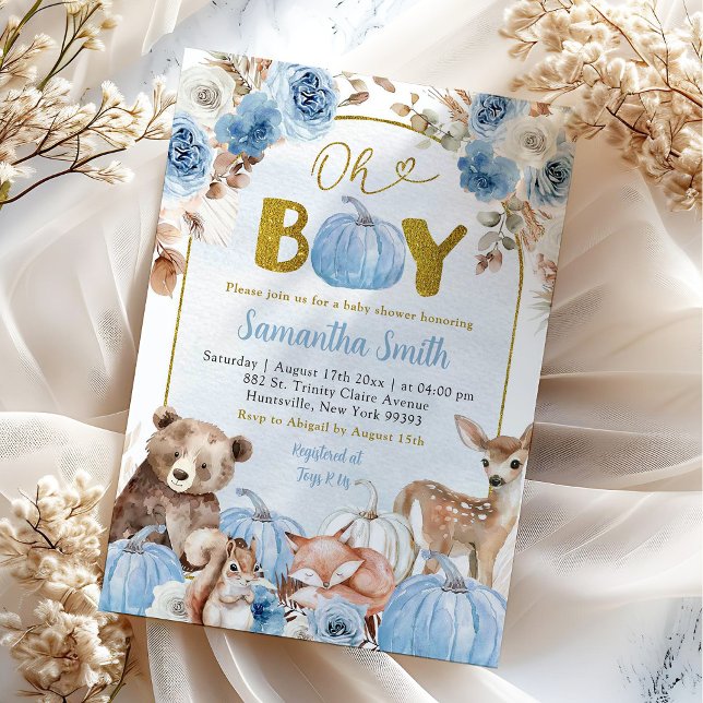 Blå Boho Woodland Höst Pumpa Bebis Shower Inbjudningar (Skapare uppladdad)