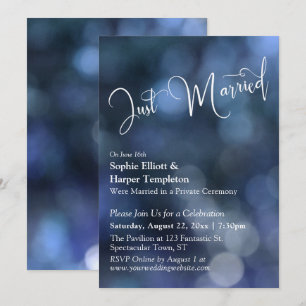 Blå Bokeh-ljus & "Just Married"-typografi Inbjudningar