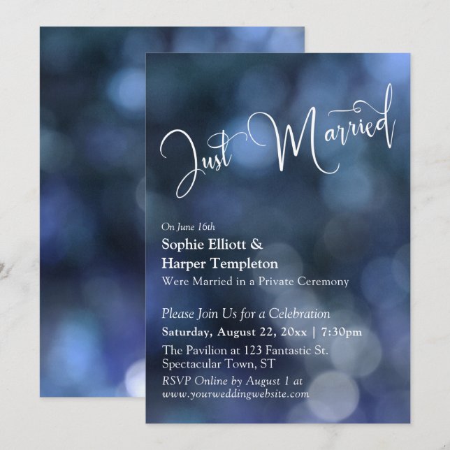 Blå Bokeh-ljus & "Just Married"-typografi Inbjudningar (Fram/baksida)