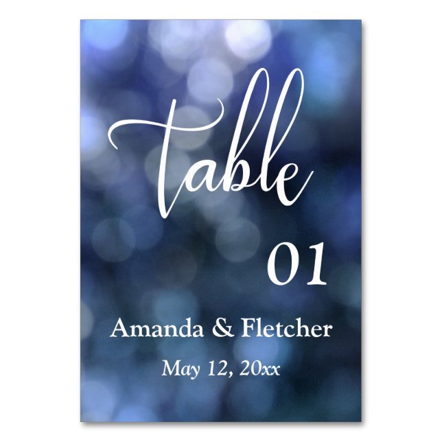 Blå Bokeh-ljus & typografi Bordskort (Framsidan)