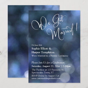 Blå Bokeh-ljus & "We Got Married"-typografi Inbjudningar
