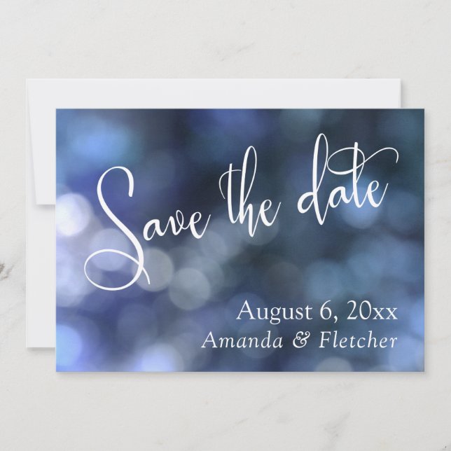 Blå Bokeh, Modern Kalligrafi för Save the Date Spara Datumet (Framsida)
