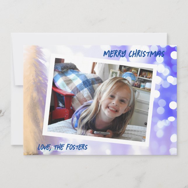 Blå Bokeh Vit Julgran Foto Högtid Julkort (Framsida)