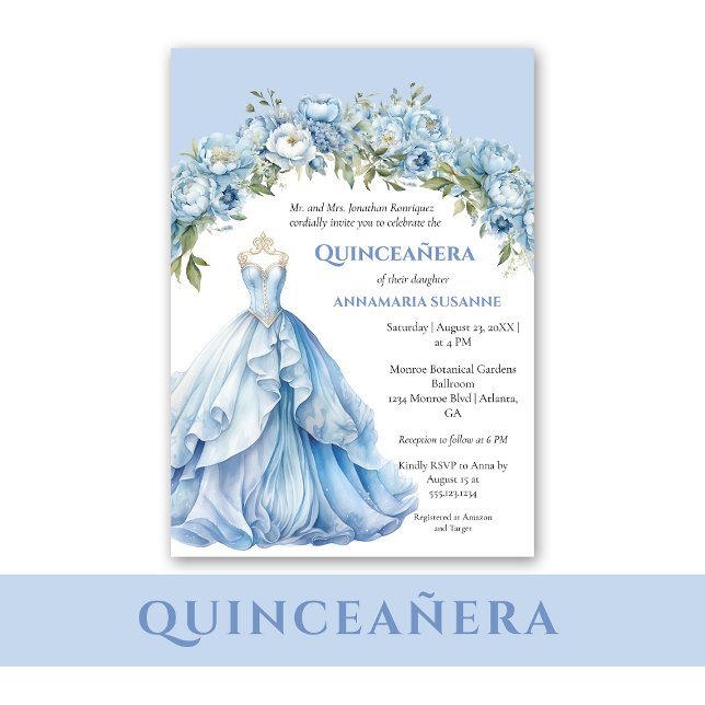 Blå bollsmetkledning Blå blomsterglas Quinceañera  Inbjudningar (Skapare uppladdad)