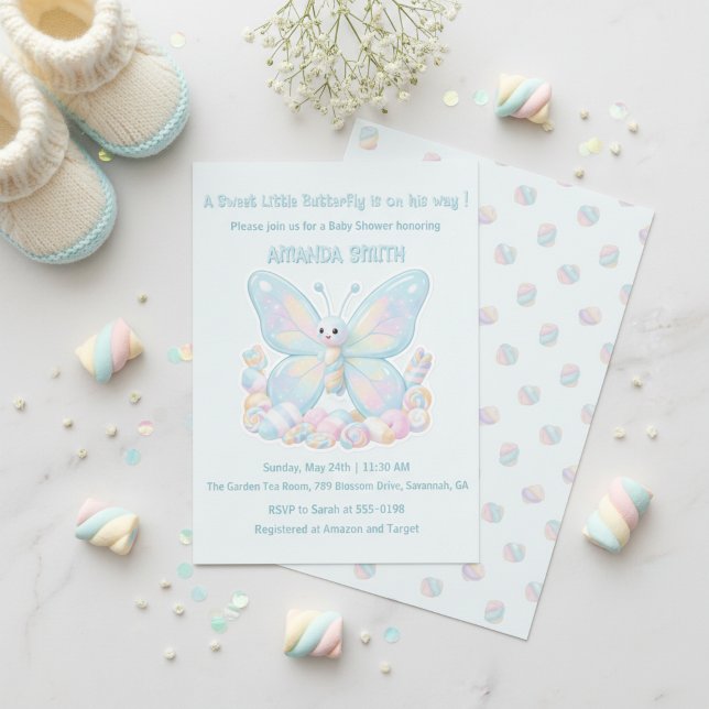 Blå Bomullssocker Fjärils Pojke Baby Shower Inbjudningar (Blue Strawberry Butterfly Girl Baby Shower Invitation)