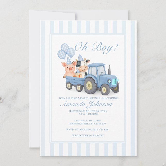 Blå bondgårdstraktor Baby Shower-inbjudan Inbjudningar (Framsida)